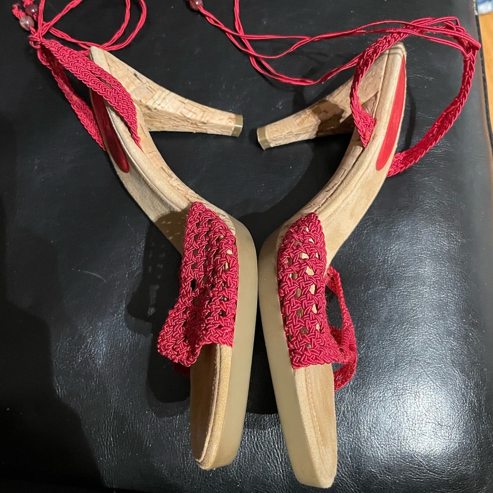Vintage y2k Knit Crochet lace Slingback ankle strap cone platform retro sandals - Picture 5 of 12